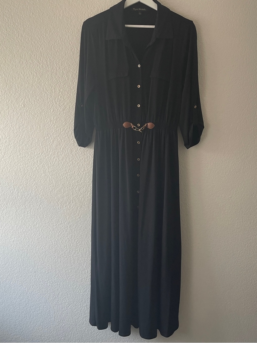 Ryan Michelle Classic Black Button-Front Maxi Dress with Decorative Waist Accent - Picture 3 of 9